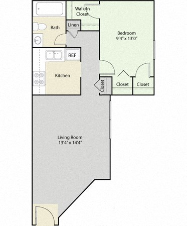 Floor plan for 1 bed, 1 bath, 593 sqft